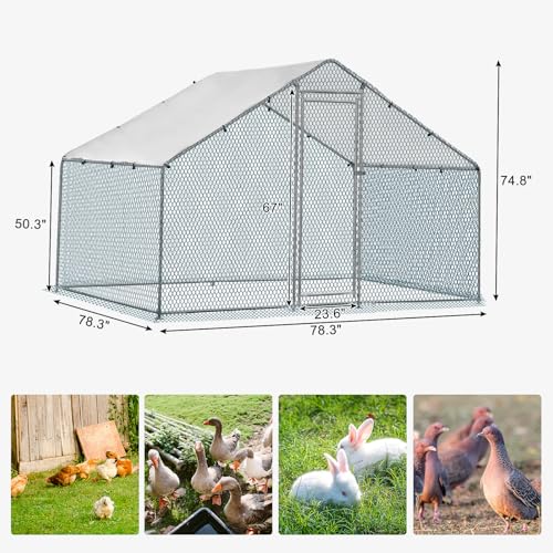 Outvita 6.5 x 6.5 FT Metal Chicken Coop Walk-in Poultry Run Pen | Waterproof Cover and Large Habitat Design Support Chickens and Small Animals in Yard Farm Patio - color: Silver, size: 78.0"L x 74.0"W x 78.0"H