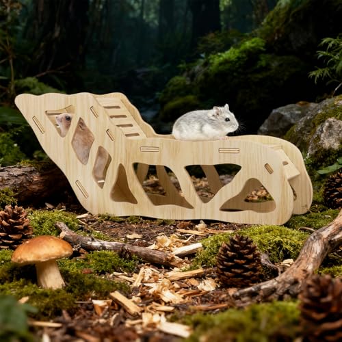 2 Pcs Hamster Hideout Set House and Tunnel, Wooden Exploring Tunnel with Ladder, Small Animal Playground Exploring Toys for Rats, Syrian Hamsters, Gerbils, Guinea Pig(Style2) - color: Style2