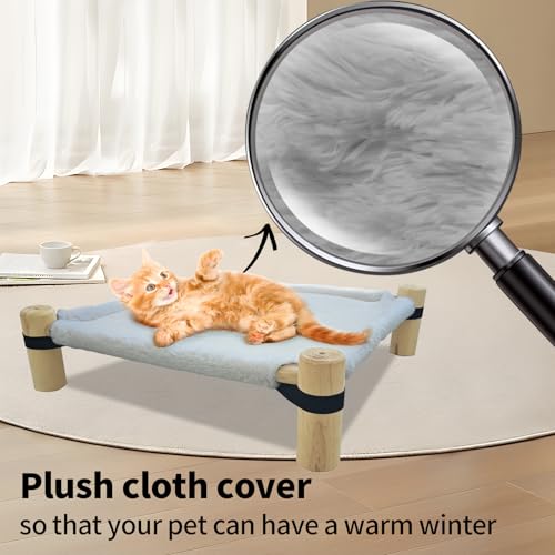 Pozico Cat Hammock Bed – Wooden Elevated Cat/Dog Bed with Plush Winter Fabric – Raised Pet Cot Furniture for Small Dogs, Cats & Small Animals – Warm Indoor Lounger – Portable & Washable - color: Grey