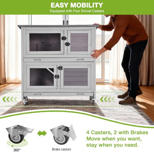 Rabbit Hutch Bunny Cage, Guinea Pig Cage Bunny Hutch Indoor, Wood Pet Cage with 4 Casters -2 Story & 2 Trays - color: Grey, size: 36.0"L x 17.7"W x 36.4"H