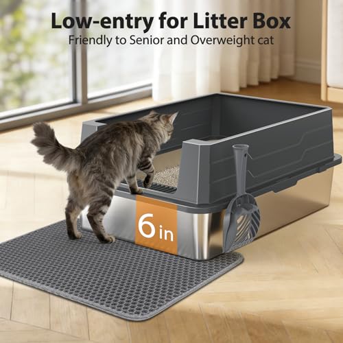 FURTIME Stainless Steel Cat Litter Box, Extra Large Cats Metal Litter Box | High-Sided Open-Top Easy-Clean Litter Pan for Multi-Cat Home, Non-Stick, Anti-Leakage, Comes with Scoop & Mat, 28"×20"×12.2" - color: Grey, size: XXX-Large