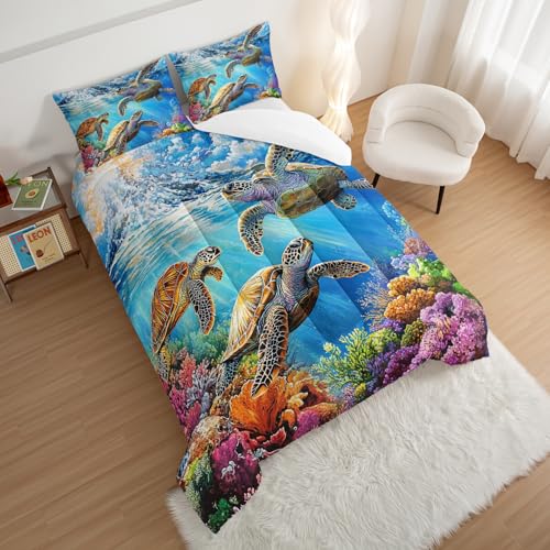 HOSIMA Sea Turtle Twin Comforter Set for Boys Room Decor,At Bottom of Ocean Sea Turtles Surrounded by Corals,Blue Coastal Bedding for Teens Girls,Fluffy Ocean Themed Bedding with 2 Pillowcases. - color: Blue, size: Twin