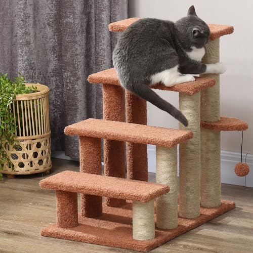 PawHut 4 Levels Cat Steps, Pet Stairs Carpeted Ladder, Kitten Tree Climber with Scratching Posts, Hanging Play Ball, Side Step, for High Bed, Sofa, Brown | Kitten Tree Climber, Scratching Posts, Hanging Play Ball, Side Step, for Sofa - color: Brown