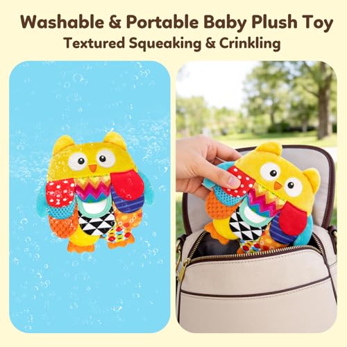 GKDOMS Vibrant Sensory Owl Plush Stuffed Animal Baby Toy Tummy Time Multi-Textured Squeaking & Crinkling Learning Toy for Busy Hands Babies 0-36Months, Baby Shower 1st Birthday Gifts - color: Colorful