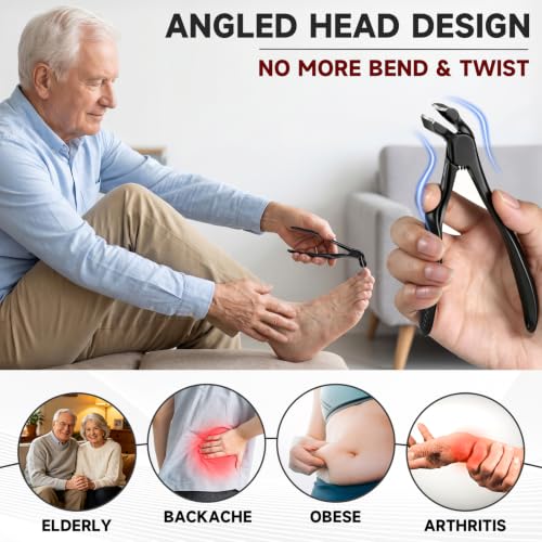 3Pcs Ergonomic Long Handle Toenail Clippers for Seniors for Thick Nail | 4.75in Angled Head Wide Jaw Opening Nail Clippers with Meta and Glass Nail File for Men Women, Fingernail Cutter with Catcher