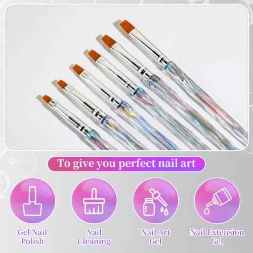 6Pcs Flat Nail Brushes Iridescent Crystal Handle Nail Art Painting Brushes | 6/7/8/9/10mm Premium Synthetic Bristles Manicure Brush for Cleaning Polish Mistakes on the Cuticles, DIY Painting - color: Clear