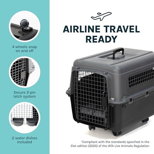 SportPet Airline Compliant MEDIUM 26.5" Travel Dog Kennel-Durable Plastic Airline Pet Carrier w/ Removable Wheels & Food Bowls, Collapsible Indoor/Outdoor Dog Kennel, Dogs up to 23"L & 15"H-Dark Gray - color: Dark Gray