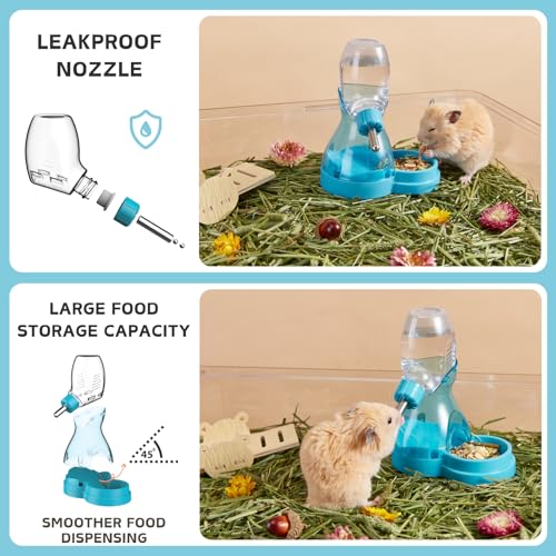 2 in 1 Hamster Water Bottle No Drip with Large Capacity Automatic Food Dispenser Small Animal Feeder for Syrian Dwarf Hamster Mouse Rat Degu (Blue, 3oz) - color: Blue