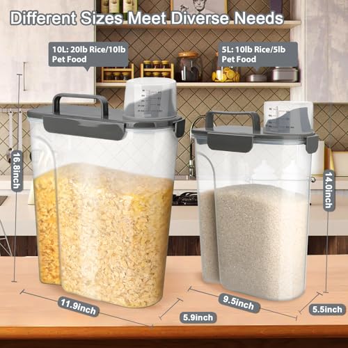Rice Storage Containers, Airtight Cereal Containers Storage, BPA Free Rice dispenser for Flour, Pasta, Grain and Baking, Pet Dog Cat Bird Food Container 20lb+ 10lb Grey - color: 20lb+10lb Grey