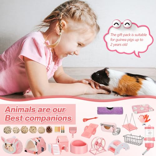 Teenyyou 24 Pcs Small Guinea Pig Starter Kit Essentials for Hamster Cage Accessories Toys House Bed Cage Cleaner Food Bowl Water Holder Carrier Bag Teething Toys Liner Tunnel for Beginner(Pink) - color: Pink