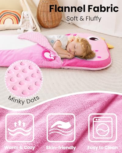 Kids Sleeping Bag, 3 in 1 Larger Plush Animal Toddler Nap Mat | Slumber Bag for Travel Sleepover Birthday Daycare Preschool Kindergarten, Boys Girls - color: Pink Dinosaur, size: 61"*27