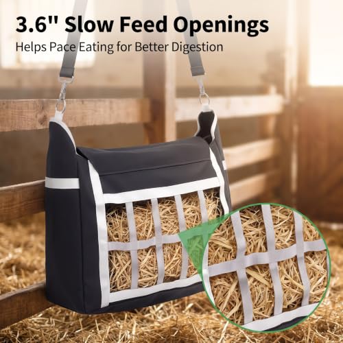 Slow Feed Hay Bag for Horses Sheep Goat Cattle Donkey, 300D Waterproof PVC Oxford Slow Feeder with Adjustable Straps, Small Hole Hay Sack Cut Waste for Barn Stall Fence Horse Trailer, Black 1 Pack