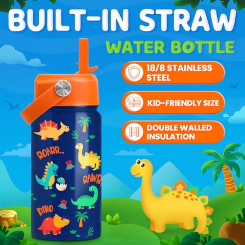 Dinosaur Water Bottle for Boys - Kids Water Bottle with Straw Lid - 12 Oz Insulated Stainless Steel Water Bottles for Kid - Travel Cup for School Sports - color: Dinosaur 2