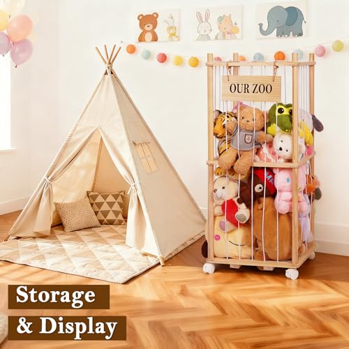 Stuffed Animal Storage Zoo, Wooden Stuffed Animal Organizer with Wheels | Stuffy Storage with Upgraded 5-Row Elastic Cords, Space-Saving Plush Toy Storage Holder for Playroom, Bedroom, Nursery - color: Wood, size: Small