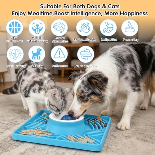 Slow Feeder Dog Bowl with Rolling Ball, 6 to 7 Cup Large Capacity, Anti-Slip Silicone Lick Mat for Liquid Treat,Interactive Puppy Licking Toy for Large, Medium, Small Dogs and Cats, Blue