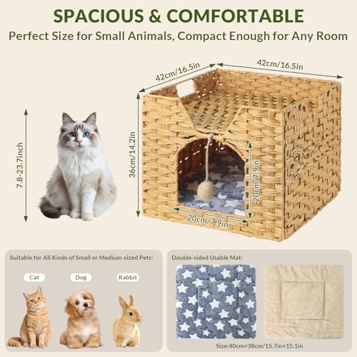 Handwoven Rattan Cat Bed Indoor Kitten, Cat Bed Cave with Cushion, Sisal Ball & S-Shaped Hooks, Foldable Hideaway Cat House for Bedroom Living Room, Natural - color: Natural A