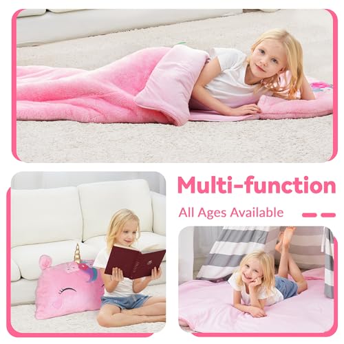 iPlay, iLearn Kids Unicorn Sleeping Bag, Toddler Girl Daycare Plush Nap Mat | 2 In 1 Animal Slumber Bag, Pink Pillow, Happy Travel Sleepover Preschool Birthday Gift for Age 3 4 5 6 7 8 10 12 Child Teens - style: Unicorn