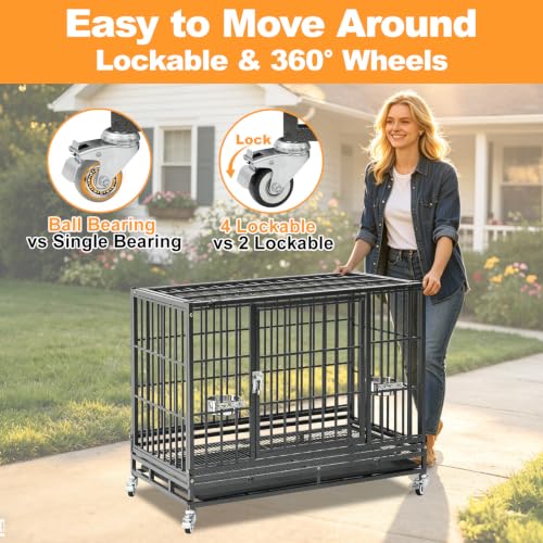 Homey Pet 37" Heavy Duty Stackable Dog Crate with Wheels for Medium Dogs | Metal Dog Cage Kennel with Escape proof Locks, Removable Tray, Bowl, Open Top, Ideal for Breeders, Groomers & Multi-dog Homes - size: 36.6"L x 22.5"W x 29.1"H