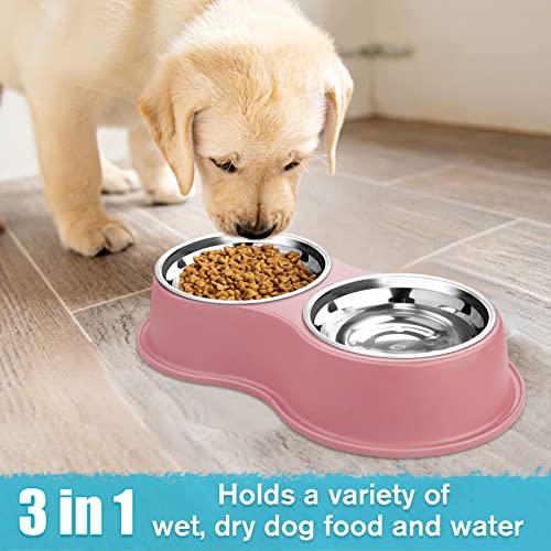 Epetslove Stainless Steel Dog Bowls Double Non-Slip Dog Water and Food Bowl | Pet Feeder Bowls, Dog Dishes, Raised Feeding Design, Double Bowls Set, For Puppies, Medium Dogs and Cats, Outdoor / Indoor - color: 3.Pink, size: Medium-18oz