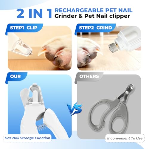 2-in-1 Pet Nail Clipper & Grinder with Dual LED Lights, USB Rechargeable, Electric Multi-Function Grinding, Quiet Operation with Splash Guard, Suitable for Small/Medium/Larg