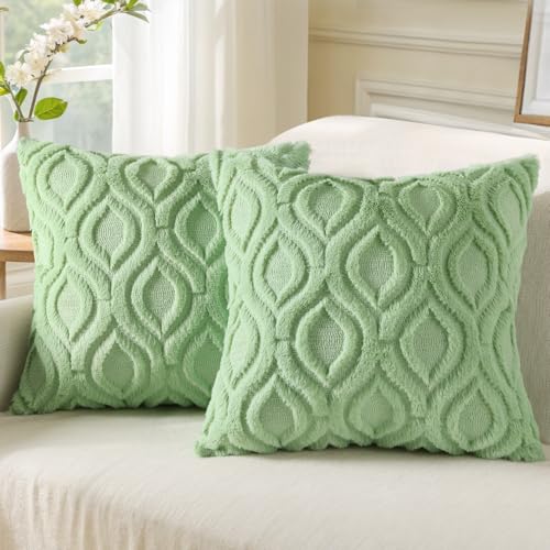 decorUhome Faux Fur Light Sage Green Throw Pillow Covers 16x16 Set of 2 | Plush Solid Fall Couch Pillow Covers, Accent Modern Farmhouse Neutral Decorative Soft Pillow Cases for Sofa Bed Living Room - color: Light Sage Green, size: 16" x 16" (Pack of 2)