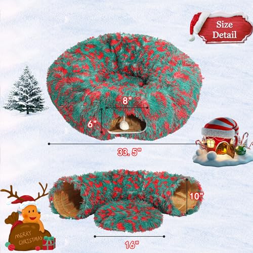 Warm Fluffy Plush Cat Tunnel Bed Under Christmas Tree Big Tube Playground Toys 3 FT Diameter Longer Crinkle Collapsible 3 Way, for Indoor Cat Kitty Kitten Puppy Rabbit Ferret Green-Red - color: Green