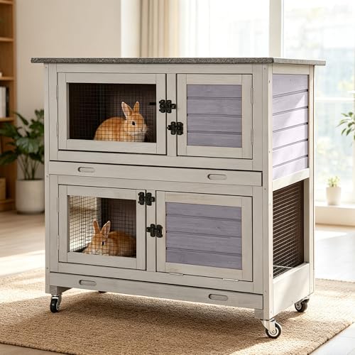 2-Story Rabbit Hutch Indoor Outdoor with Wheels Bunny Cage with Slip-Proof Ramp Guinea Pigs Cage with Waterproof Roof & Easy-Clean Tray Multi-Access Doors 36" L Grey - color: 36"L Grape Purple