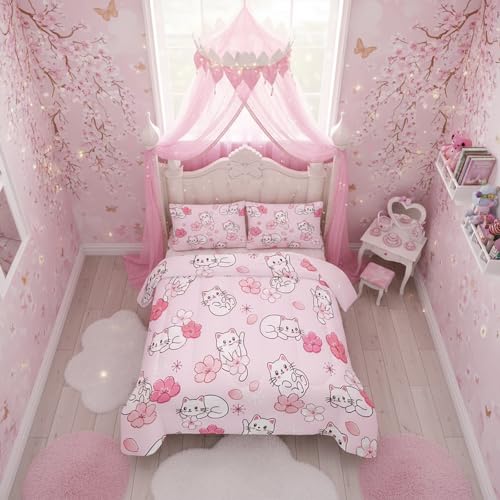 QOOMO 3Pcs Sakura Cats Comforter Set Twin,Floral Bedding Set for Kids | 3Pcs Bedding Set Printed Comforter with 2 Pillowcases,Soft Microfiber,Lightweight and Comfortable,for All seasons - color: Sakura Cats 18, size: Twin