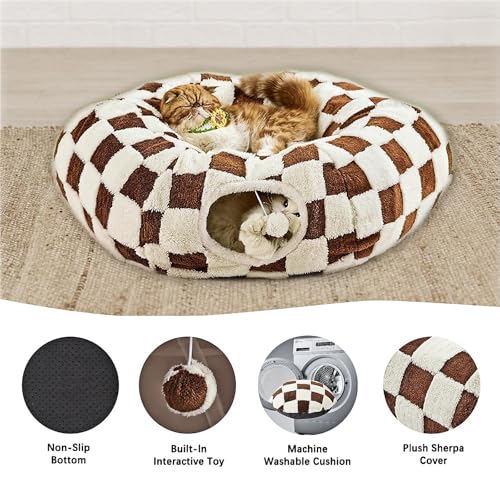 Cat Tunnel Bed with Washable Cushion for Indoor Cat, Donut Cave Tube Toys for Kitten Puppy Rabbit, Brown - color: Brown