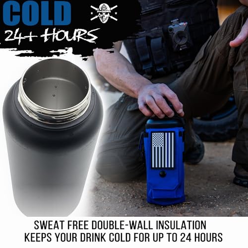 Iron Infidel Battle Bottle - 32 Oz Insulated Water Bottle with Straw Lid & Chug Cap, Stainless Steel Metal Flask Includes Rugged, Removable Sleeve for Keys, Wallet, & Phone (Thin Blue Line 1 Liter) - color: 32oz - Blue Line, size: 32 Ounces
