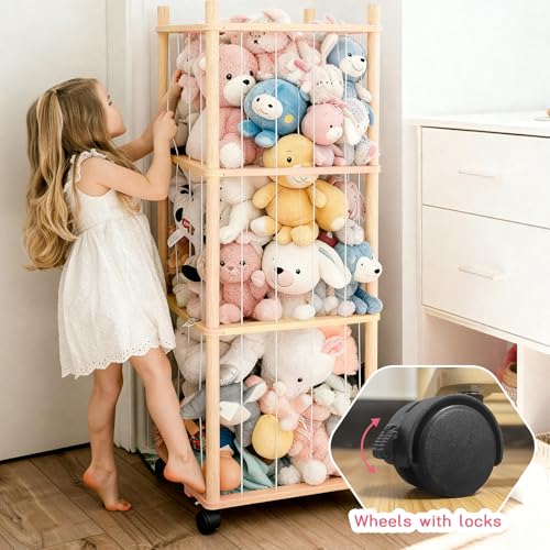 Stuffed Animal Zoo Storage with Lockable Wheels, Natural Wood | Sturdy Solid Wood Toy Organizer, Large Capacity Plush Toy Cage, Space-Saving for Toddler/Playrooms/Bedrooms - color: Natural Wood