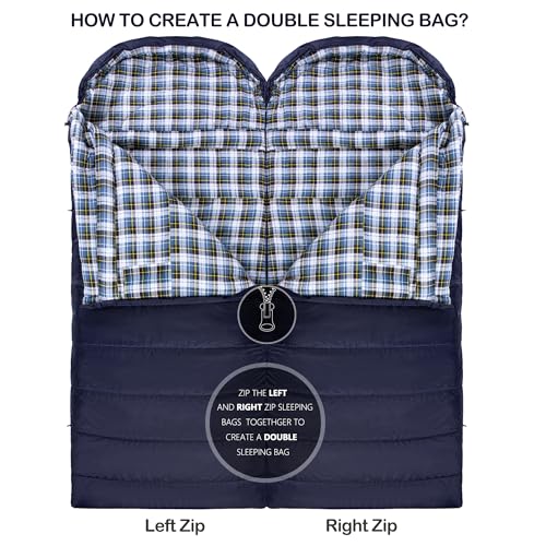 HiZYNICE Sleeping Bags for Adults XXL Cold Weather | 100% Cotton Flannel Winter Camping Large 90 x 39 in,Compression Sack Included - color: Navy Blue, size: 0F Right Zip