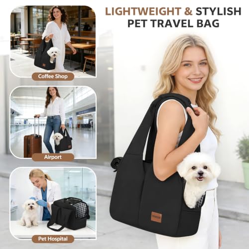 Dog Purse Carrier for Small Dogs and Cats, Soft-Sided Pet Tote Bag with 6 Large Pockets, Collapsible Travel Puppy Carrier with Small Cushion, Fits Pets up to 6 lbs (Black, 13.6" L x 6.6" W x 10" H) - color: Black, size: 13.6"L x 6.6"W x 10.0"H