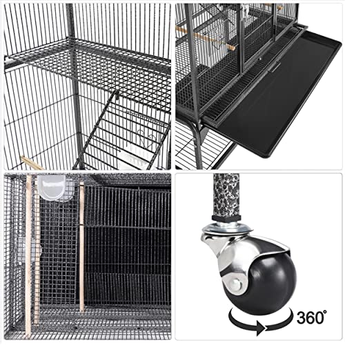 Yaheetech 69" Large Bird Cage for Parakeets, Budgies, 3-Tier Flight Cage | Detachable Rolling Stand, Easy Cleaning Slide-out Tray, Multi-door Access, 0.4'' Bar Spacing, Free Accessories - color: Black
