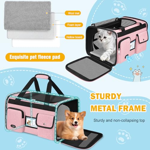 HUANLANG Large Cat Carrier Soft Sided Travel Pet Carrier Airline Approved | Dog Carriers for Small Dogs Medium Cats,Collapsible,3 Storage,zipper lock,Reflective strips,Luggage Strap, Up to 15 L,Pinkbs - color: Pink