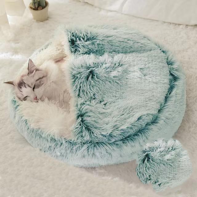 Round Fluffy Hooded Cat Bed Cave, Anti-Anxiety Cave Bed with Blanket | Hooded Cat Bed Cave, Cozy Cuddler Luxury Puppy Pet Bed, Anti-Slip Bottom and Machine Washable - color: Green, size: Medium