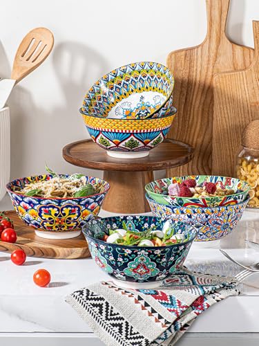 HENXFEN LEAD Boho Ceramic Cereal & Soup Bowls Set of 6, 24 oz | Assorted Patterns, Ideal for Oatmeal, Pasta, Salad, Rice, Fruit & Everyday Meals, Microwave & Dishwasher Safe - size: 24 Oz