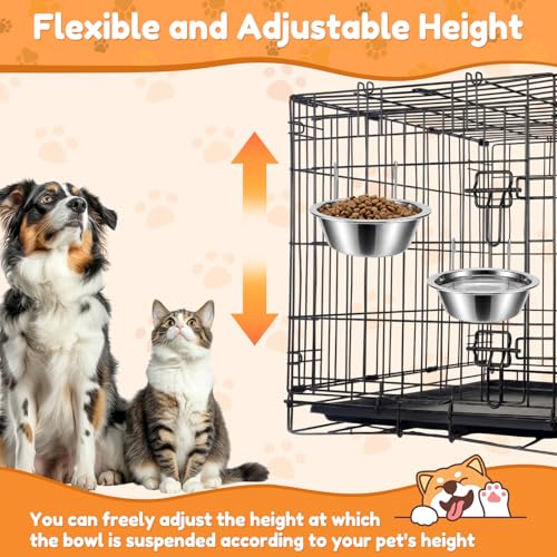6 Pack Hanging Dog Kennel Bowls, No Spill Crate Water Bowl Food Feeder for Cage Removable Coop Cup with Hook Holder for Puppy Small Cat Ferret Rabbit Stainless Steel Dogs Dish 10 & 20oz