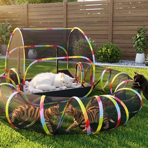 Outdoor Cat Enclosure 2-in-1, Extra Large Pop Up Cat Rolling Tent with 134" Tunnel for Indoor Cats, Expandable Foldable Cat Playpen for Backyard Camping, Fits Small Animals,1-Min Setup - size: 2-in-1 cat enclosures set