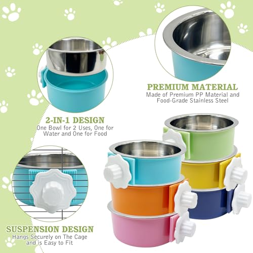 Tfwadmx 6 Pcs Crate Dog Bowl Cat Removable Stainless Steel Food and Water Feeder Hanging Cage Bowls Coop Cup with Cleaning Set for Pet Puppy Bird Rat Guinea Pig Ferret Bunny Rabbit - color: navy,blue,yellow,orange,pink,green (6 PCS)