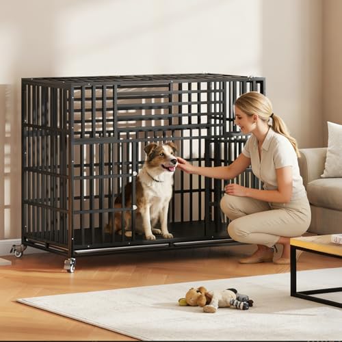 56 inch Heavy Duty Indestructible Dog Crate, Steel Double Door Indoor High Anxiety Cage for Large Giant Dogs, Escape-Proof Chewproof Pet Kennel with Trays and Wheels, Extra Large XL XXL - size: 55.5"L x 29.1"W x 46.1"H