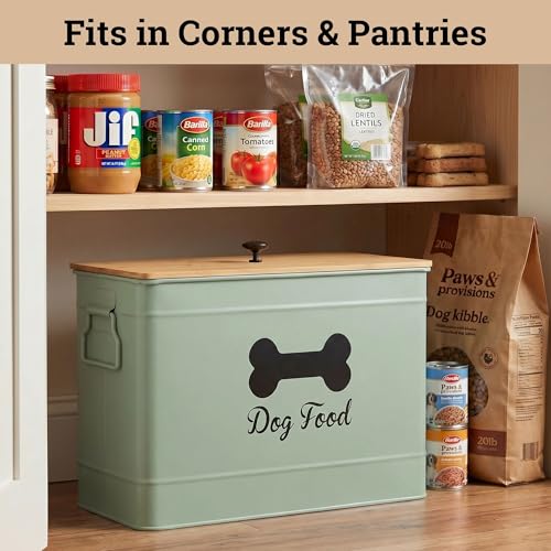 Metal Dog Food Container 15-20 lbs w/ Airtight Bamboo Lid, 70 Cup Capacity | Pet Jar For Dogs up to 100lbs, Airtight Bamboo Lid, Sturdy Comfortable Metal Handle, Powder Coated Iron, Kibble Storage Bin - color: Sage Green