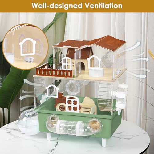 Large Hamster Cage Acrylic Hamster Enclosure with Hideout, Wheel & Tunnels Clear Hamster Habitats for Syrian Dwarf Hamster, 2 Tier Animal Gerbil Cage for Pet Mice House, 13.3" L x 9.8" W x 17.4" H - color: Green, size: 13.3"L x 9.8"W x 17.4"H