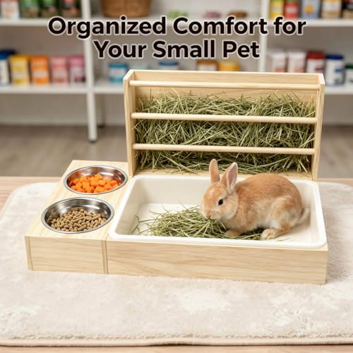 3 in 1 Rabbit Hay Feeder with Litter Box, Wooden Bunny Hay Holder Feeder Toilet Combo with 2 Stainless Steel Bowls and Removable PP Tray for Rabbits, Guinea Pigs,Small Animals