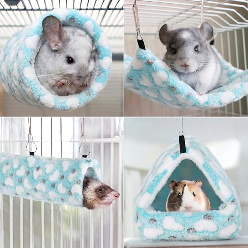 MCEAST 4 Pieces Small Pets Cage Accessories Hanging Hammock Sleeping Bag Tunnel and Bed Hideout Set Warm Sleep Nap Sack Bed for Hamster Ferret Squirrel Rabbit, Light Blue Hearts - style: Blue Hearts