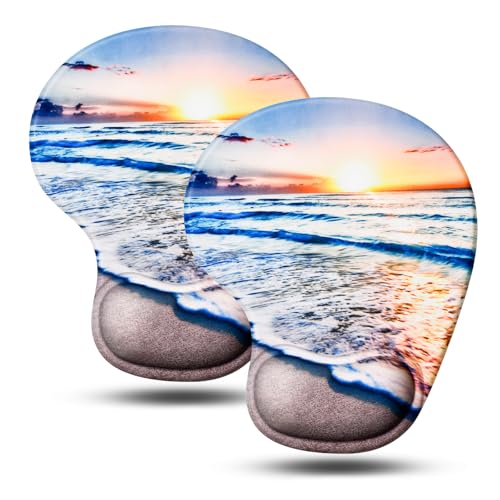 JIKIOU Ergonomic Mouse Pad with Gel Wrist Rest 2 Pack, Portable Small Beach | Upgraded-Prevent Gel Leakage, Ergonomic Design for Pain Relief, Cooling Gel filled, Smooth Lycra Surface, Non-Slip PU Base - color: 10Beach