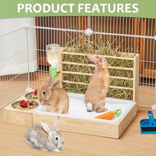 4 in 1 Rabbit Hay Feeder with Litter Box, Small Animals Hay Rack with Water Bottle, and 2 Bowls, Wooden Bunny Hay Holder Feeder Toilet Combo for Rabbit, Guinea Pig, Hamster, Hedgehog, Chinchillas