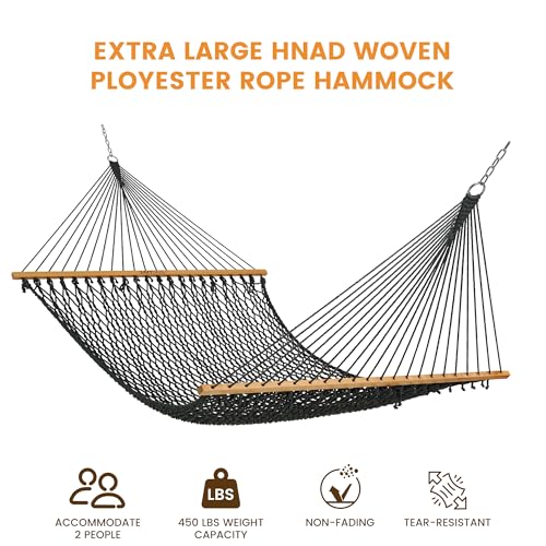 Lazy Daze 13 Ft Double Handwoven Polyester Rope Hammock with Tree Straps | Mesh Hammock for 2 Person, with Spreader Bar, Carabiners, Chains for Outside, Backyard, Patio, 450 Lbs Capacity - color: Grey