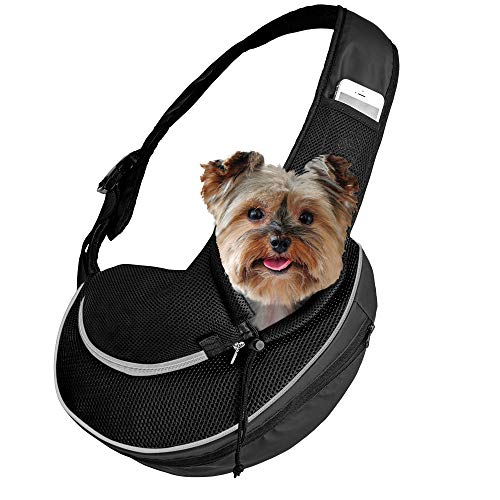 Expandable Pet Carrier Sling Bag - Small Dog, Puppy and Cat Carrier Front Shoulder Backpack w/Harness Strap - Carrying Pouch for ESA, Animal Travel - PU Leather Bottom, Mesh Pocket by Katziela (Black) - color: Black
