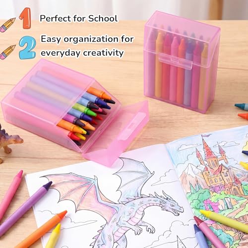 Clabby 4 Pcs Clear Plastic Crayon Boxes Hold 24 Count, Pink | Organizer Box, Case, Colorful, Portable Storage Holder with Snap Lid, for Boys Girls Kids School Classroom Home Art Supply - color: Pink